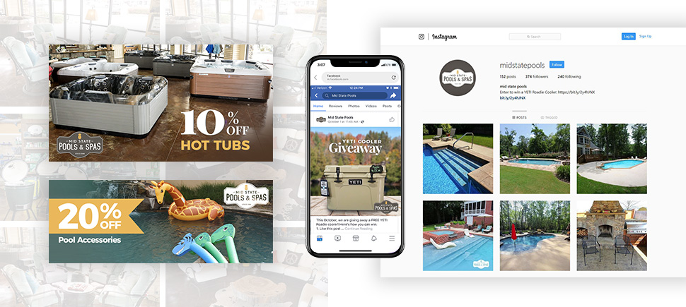 displays of digital marketing work that M&R Marketing has done for Mid State Pools
