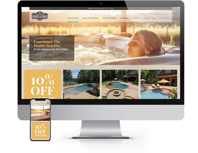 computer screen and phone screeen displaying Mid State Pools & Spas' website