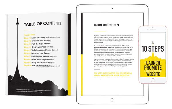 M&R Marketing's Ebook displayed on a phone, tablet, and physical copy