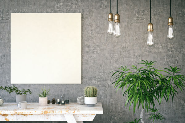 blank canvas mounted on a wall behind a table with several plants