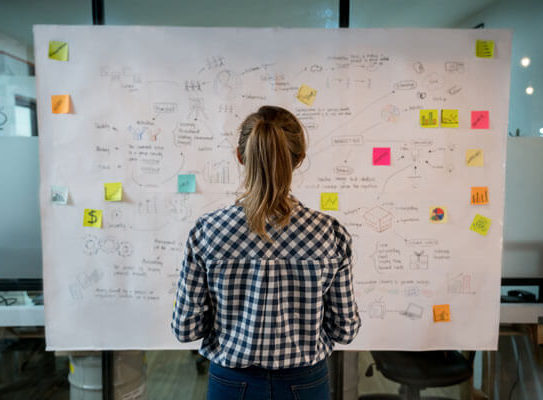 a young woman sitting in front of a posterboard with a lot notes on it