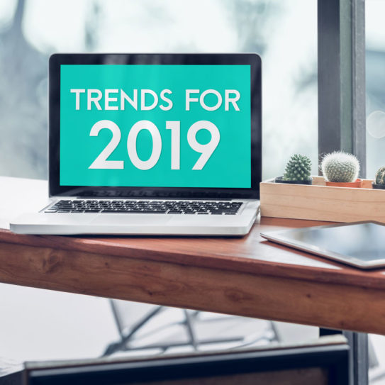 Trends for 2019 word in laptop computer screen with tablet on wood stood table in at window with blur background,Digital Business or marketing trending.
