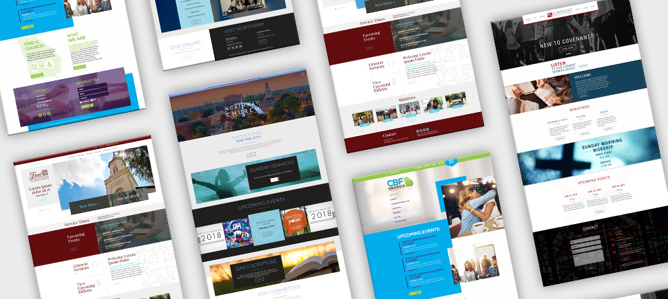screenshots of homepages for church websites that M&R Marketing has developed