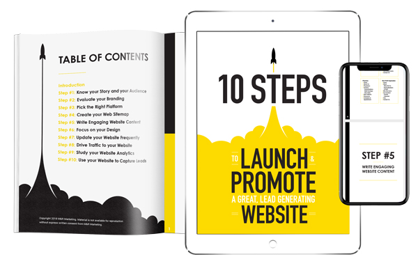 10 Steps to Launch & Promote a Lead Generating Website cover displayed in print, on a phone, and on a tablet