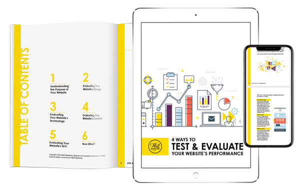 4 Ways to Test & Evaluate Your Website's Perfomance cover displayed in print, on a phone, and on a tablet