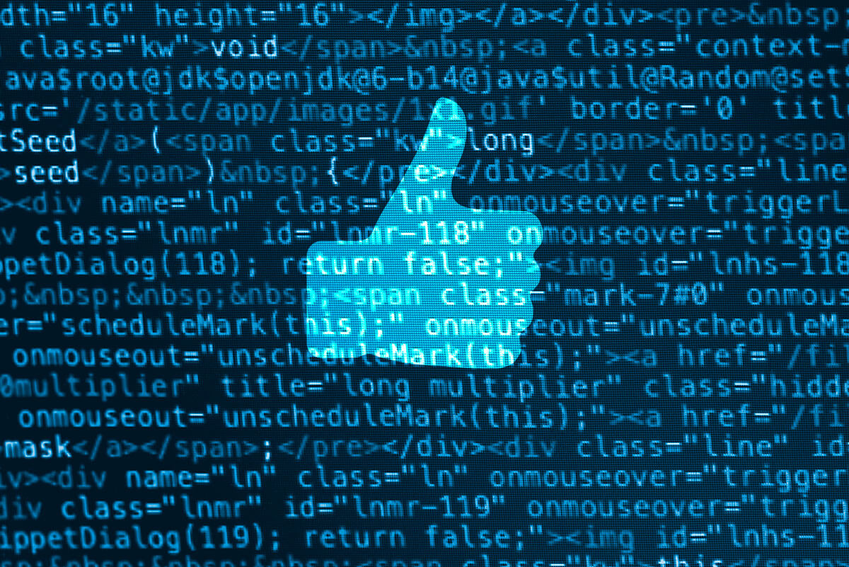 the facebook 'like' icon with various computer code in the background