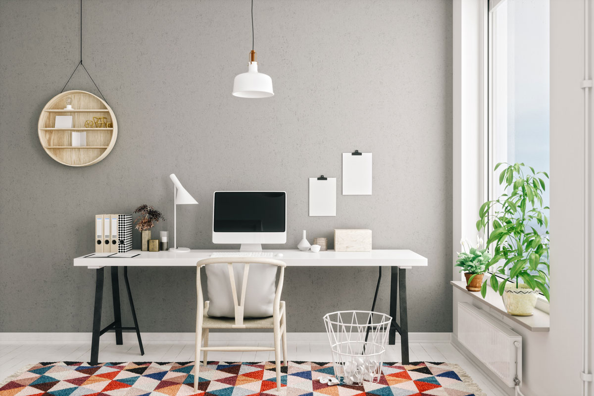 a desk that is in a home office