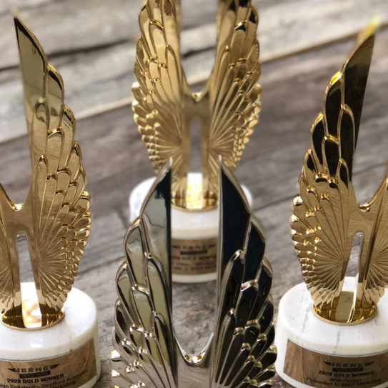 closeup shot of 4 Hermes awards M&R Marketing won