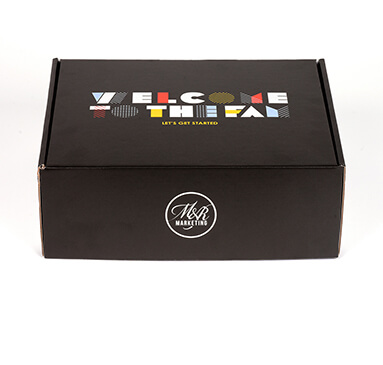 slick black box with colorful lettering and the M&R logo on it