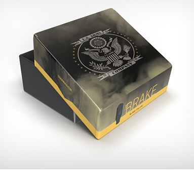 slick box with camouflaged pattern with yellow accents featuring the US Arms company logo