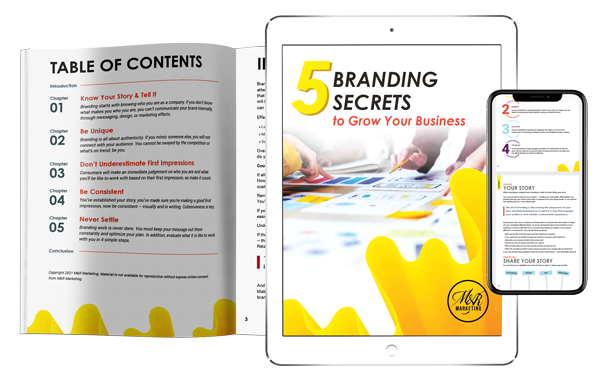 5 Branding Secrets to Grow Your Business cover displayed in print, on a phone, and on a tablet