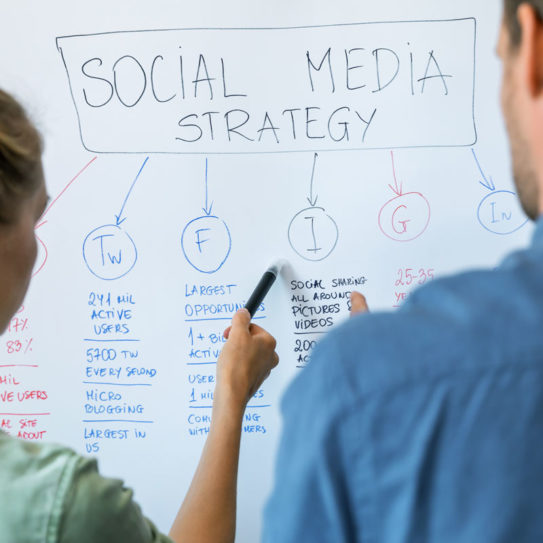 social media strategists brainstorm on a whiteboard