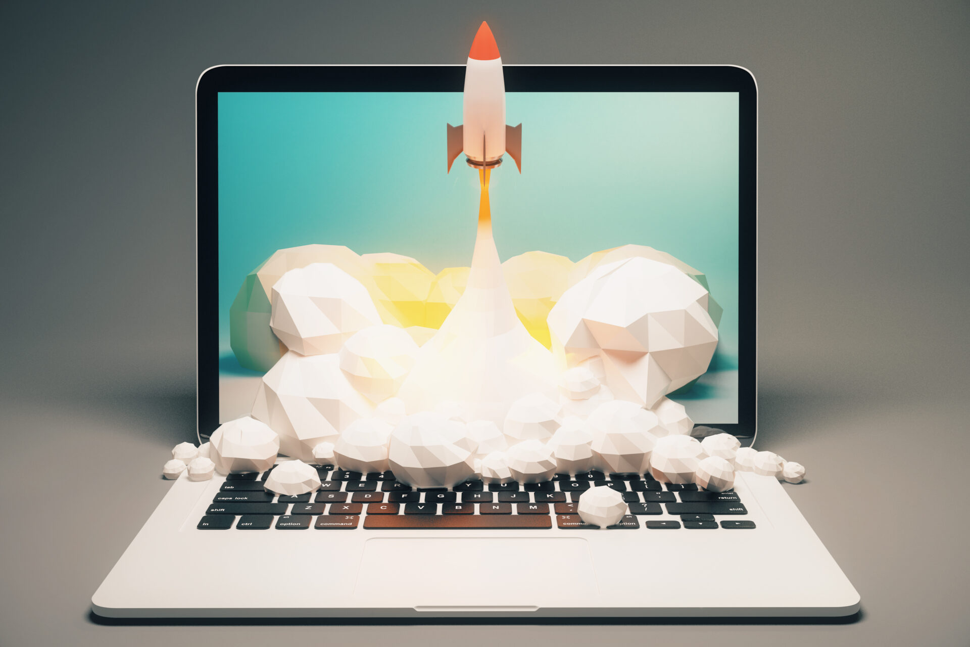 Startup concept with rocket flying out of laptop screen on grey background