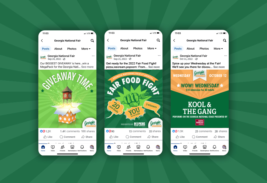 Three smartphone screens display colorful social media posts for the Georgia National Fair featuring a giveaway, a Fair Food Fight contest, and a concert by Kool & The Gang, all on a green radial background.