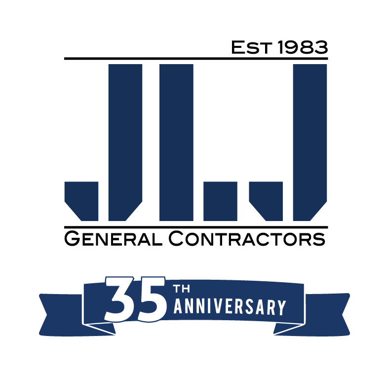 The Jerry L. Johnson & Associates 35th Anniversary Logo: The “JLJ General Contractors logo” is in the center, composed of geometric stylings of the letters “JLJ.” Below the logo is a wavy ribbon imprinted with the words “35th Anniversary”