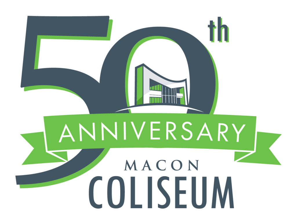 The Macon Coliseum 50th Anniversary Logo: A large number “50” is superimposed with a ribbon printed with the word “Anniversary.” Inside the zero is a stylized representation of the Macon Coliseum’s front façade. Below all of this is the Macon Coliseum wordmark.