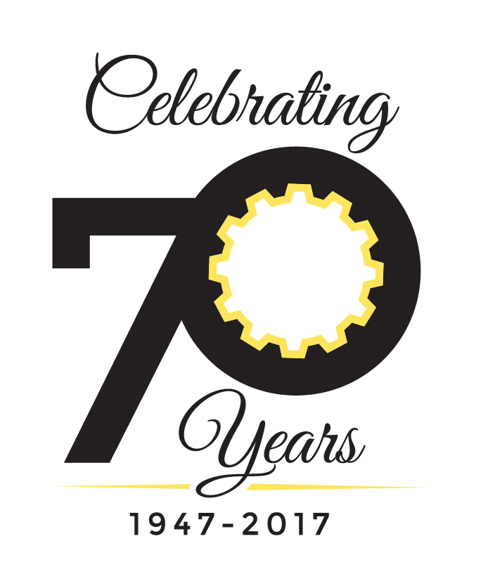The B&D Industrial 70th Anniversary Logo: The words “Celebrating 70 Years: 1947-2017.” The words “Celebrating” and “Years” are presented in an elegant script font. The number 70 is presented in a geometric font; the center of the zero is replaced with a stylized representation of a gear.