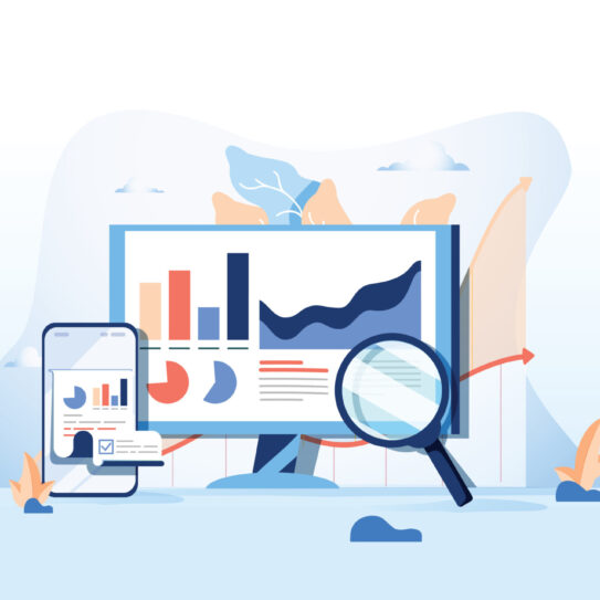 SEO reporting, data monitoring, web traffic analytics, Big data flat vector illustration on blue background. Modern flat design illustration of Seo optimization website and mobile website or Landing