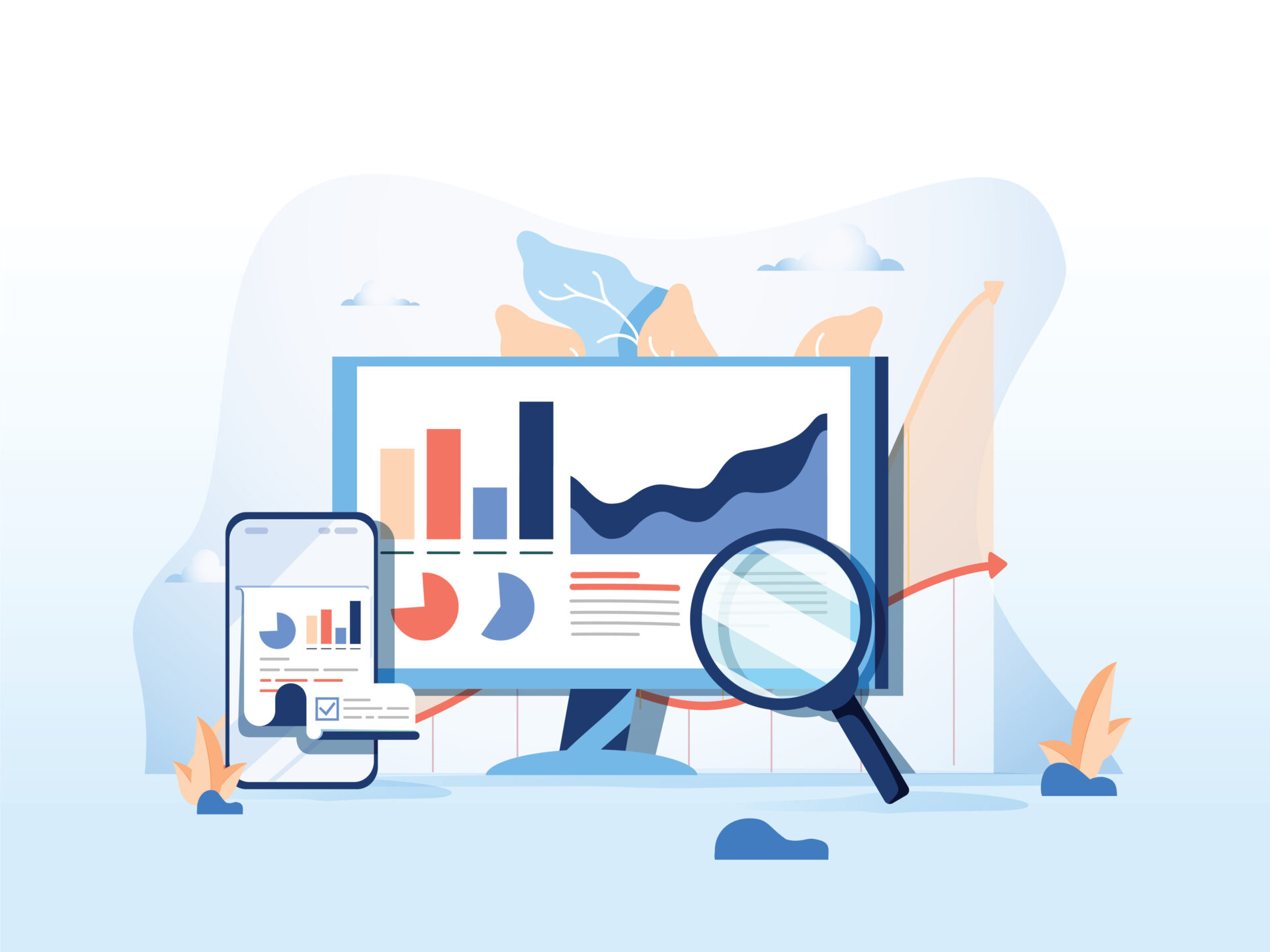 SEO reporting, data monitoring, web traffic analytics, Big data flat vector illustration on blue background. Modern flat design illustration of Seo optimization website and mobile website or Landing