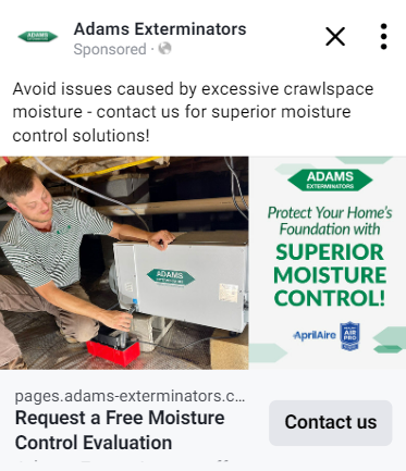 A social media ad for Adams Exterminators’ moisture control service.