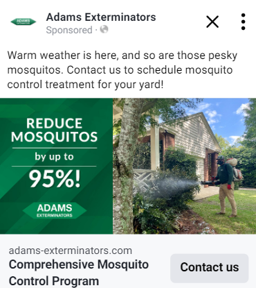 A social media ad for Adams Exterminators’ mosquito control service.