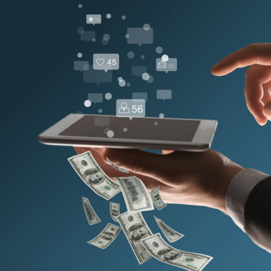 Social tactics top: A pair of hands; one hand is holding a tablet while the other hand is about to tap something on the screen. Images of social media icons and $100 bills are superimposed on the photograph.
