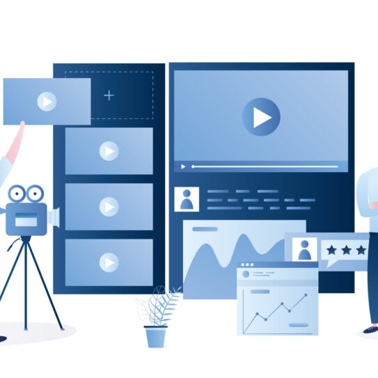 Video marketing platform. Video creation tools, start an engaging B2B online marketing campaign. Analyzing and reporting key metrics. Businesspeople, webpage and signs in trendy style. Vector illustration