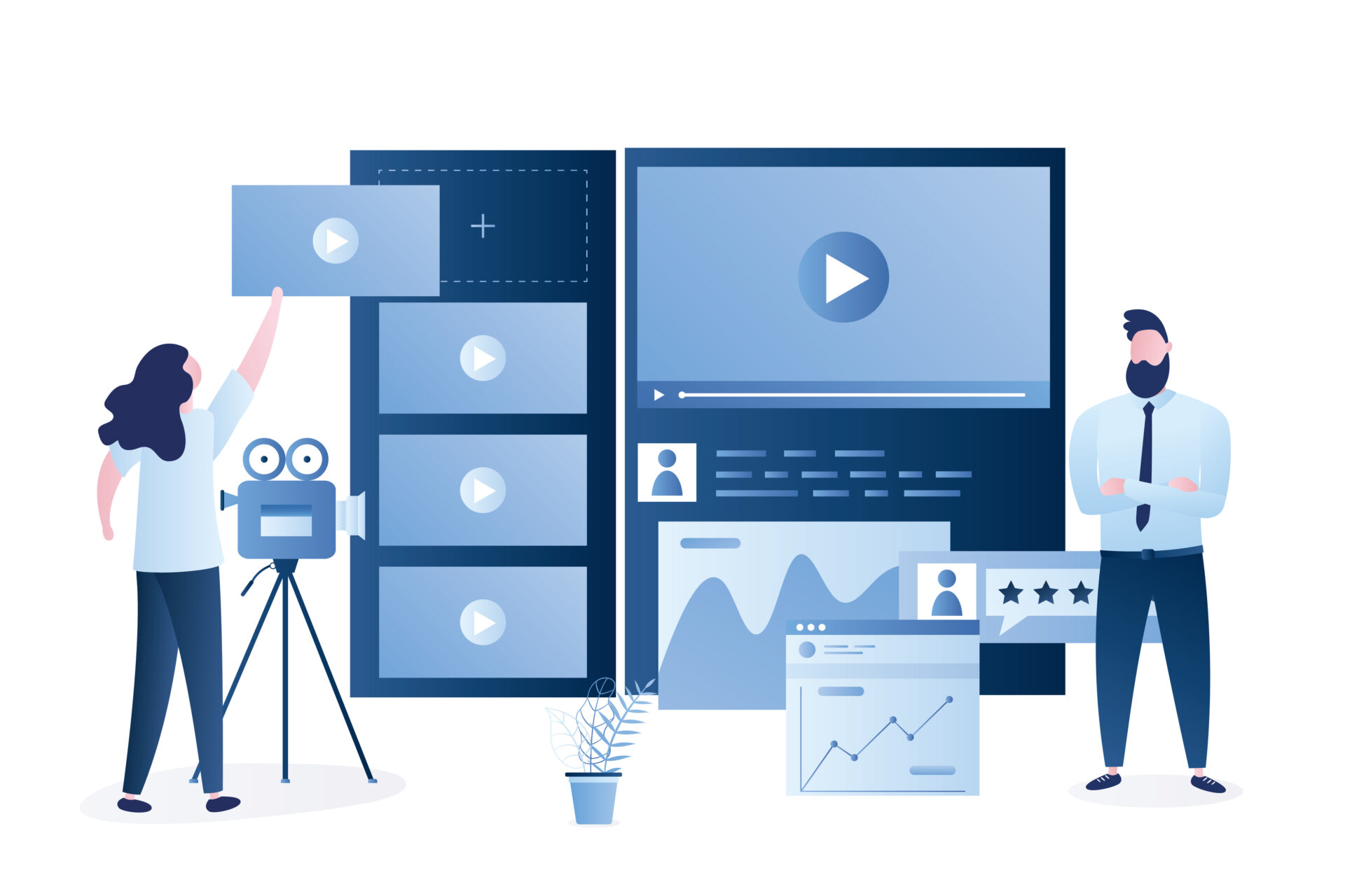 Video marketing platform. Video creation tools, start an engaging B2B online marketing campaign. Analyzing and reporting key metrics. Businesspeople, webpage and signs in trendy style. Vector illustration