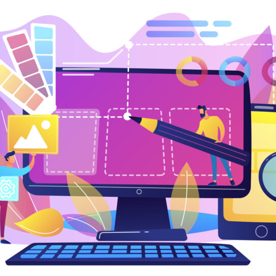 Designers are working on the desing of web page. Web design, User Interface UI and User Experience UX content organization. Web design development concept. Violet palette. Vector illustration