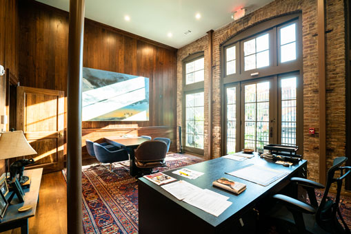 Interior of a sleek office building.