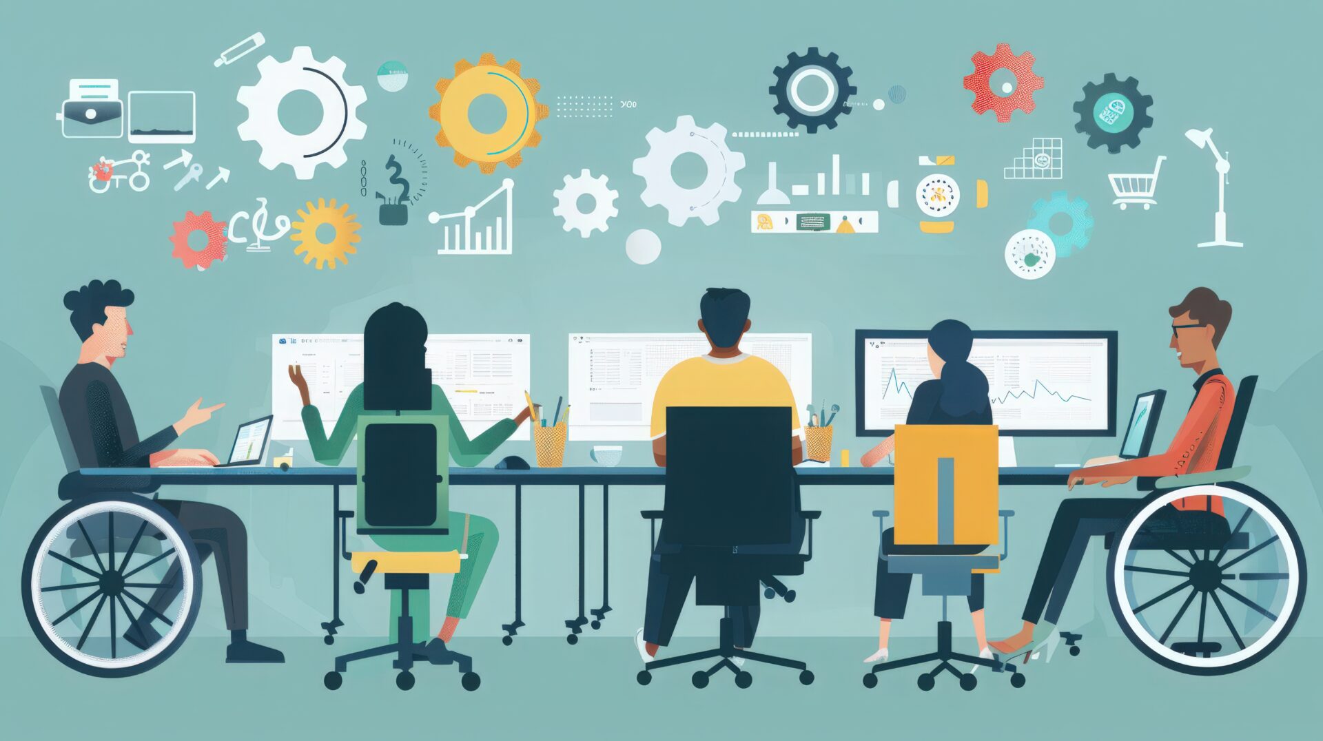Illustrated image showing designers and developers incorporating inclusive design principle.