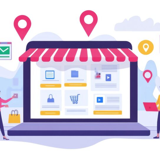 Illustration of people looking at a storefront on a laptop computer. Icons surrounding the laptop indicate the people are looking at the store's listings information.