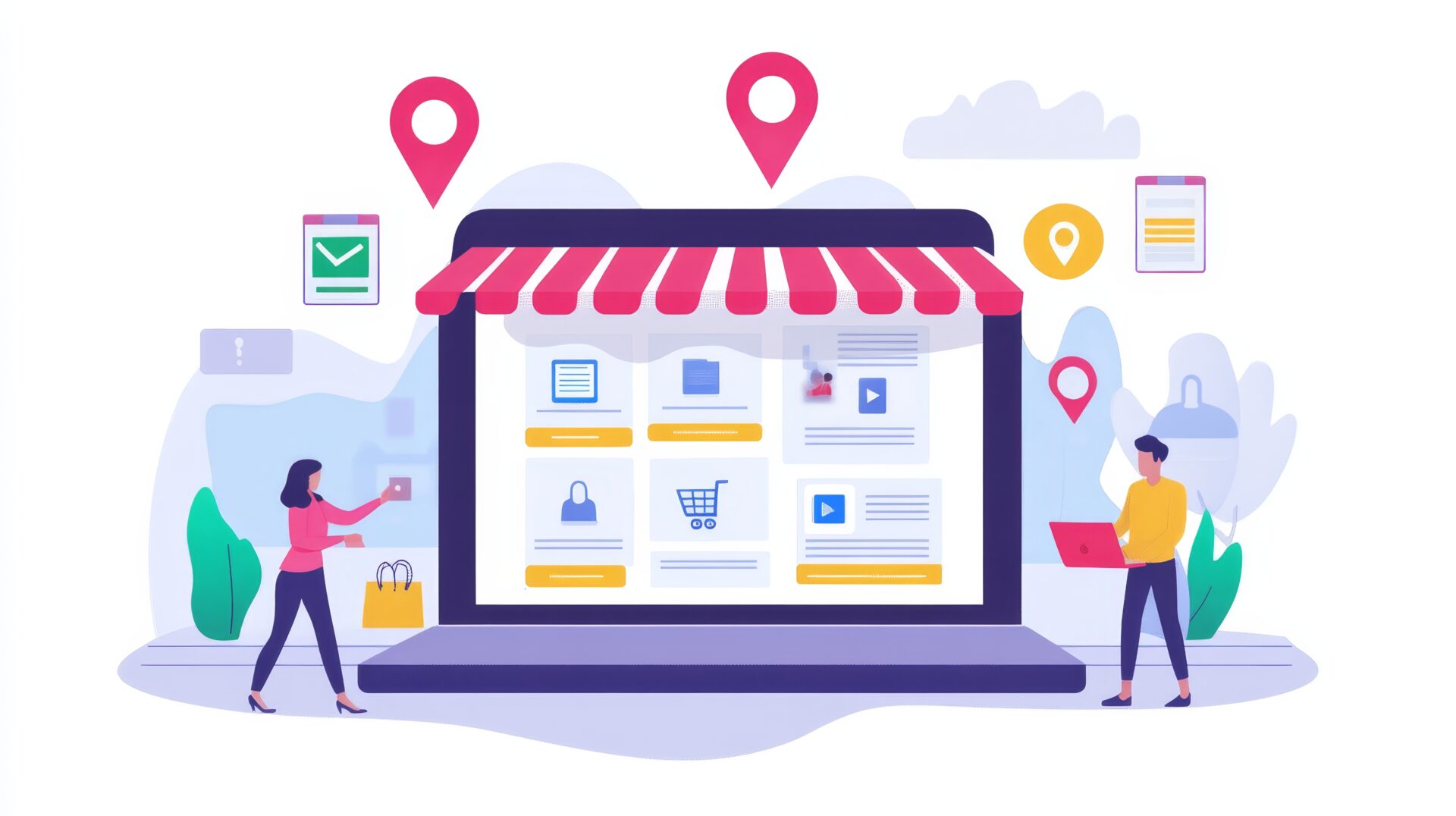 Illustration of people looking at a storefront on a laptop computer. Icons surrounding the laptop indicate the people are looking at the store's listings information.