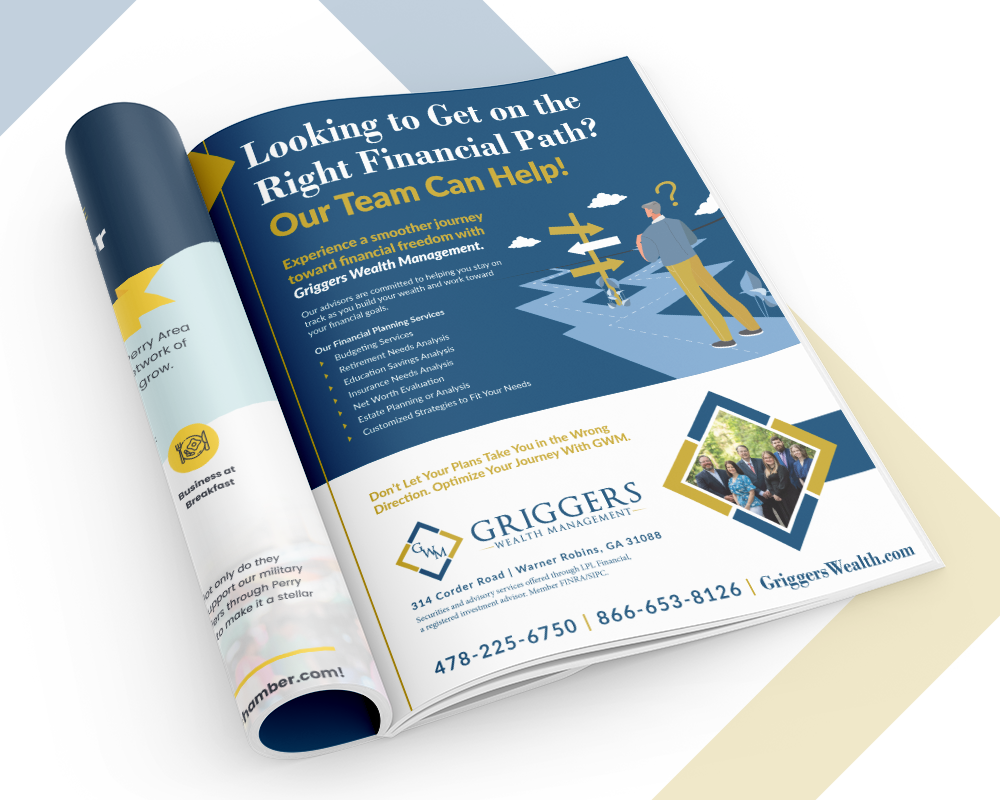 Image of a full-page magazine ad for Griggers Wealth Management, designed by M&R Marketing.