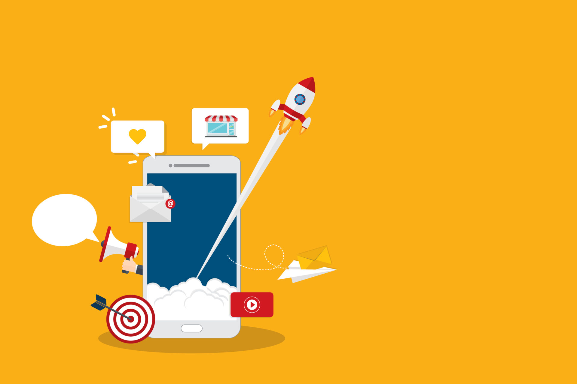 A smartphone surrounded by digital marketing icons, including a rocket launching upward, a megaphone, email, target, heart, storefront, and paper airplane, on a bright yellow background.
