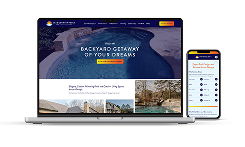 A laptop and smartphone display Lake Country Pools' website featuring a backyard pool image, navigation menus, and the text Design the Backyard Getaway of Your Dreams.