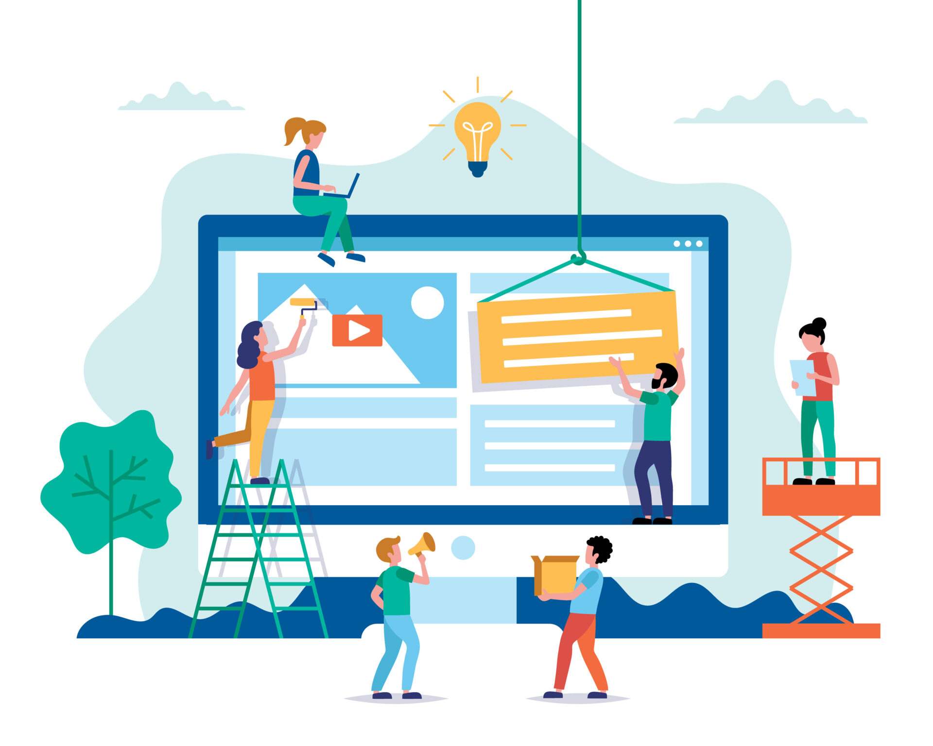 Illustration of people working to put a website together, each person working on one type of on-page SEO element.