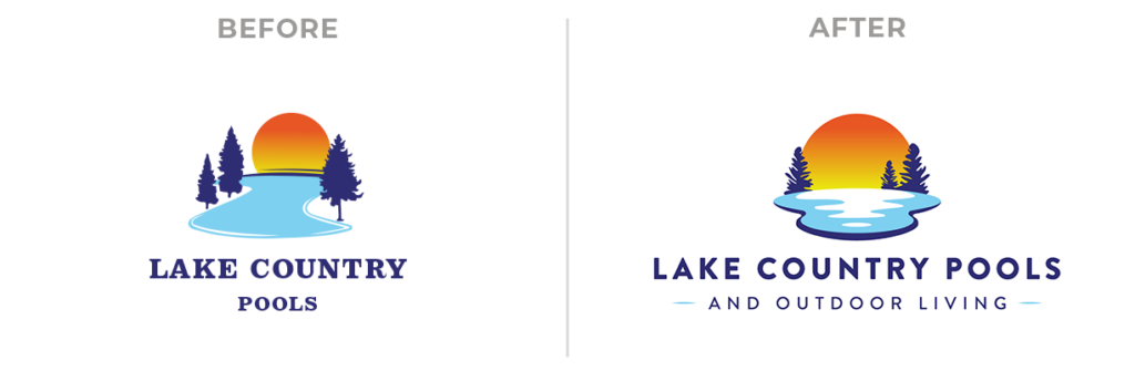 Side-by-side comparison of two logos. Left: Lake Country Pools with a river, trees, and sunset. Right: Updated logo reads Lake Country Pools and Outdoor Living, with a stylized lake, trees, and sunset.
