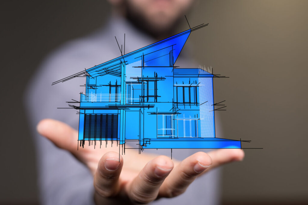 Image of a man with his arm stretched out to the camera, palm up. A design sketch of a house is superimposed on top of his hand as if he is holding the drawing.