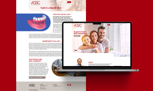 A laptop displays Athens Oral Surgery Center's website featuring a smiling couple. Behind the laptop is a blurred view of the same website with dental implant graphics and text sections on a red-and-white background.