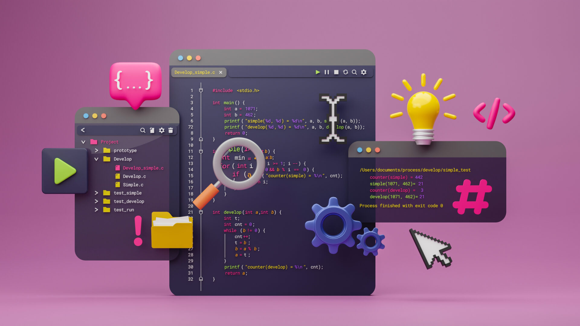 3D illustration of computer screens with colorful code, programming symbols, a magnifying glass, gears, a lightbulb, a folder, a play button, and a mouse cursor, all set against a purple background.