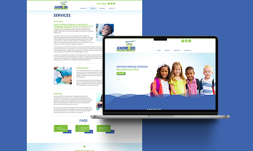 A website for Ambrose Pediatric Dentistry, a pediatric dental clinic, is displayed on a tablet and desktop screen, featuring photos of diverse smiling children, service information, and a blue and green color scheme.