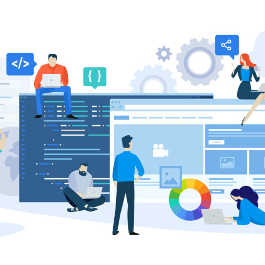 A group of people work with laptops and tablets around large computer screens, gears, and charts, representing teamwork and collaboration in a technology or web development environment.