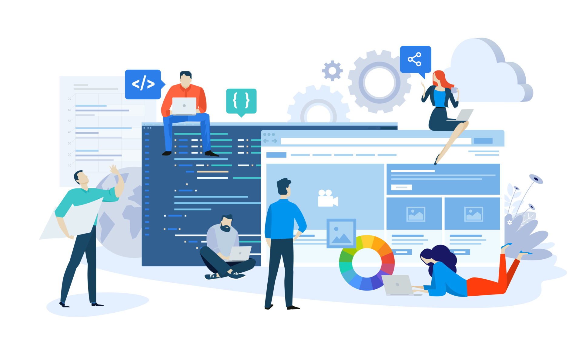 A group of people work with laptops and tablets around large computer screens, gears, and charts, representing teamwork and collaboration in a technology or web development environment.