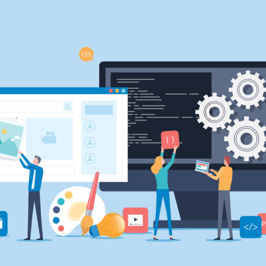 Illustration of people collaborating on website development; some adjust images and layouts, others write code on a large screen with gears, surrounded by icons for tools, design, and programming languages.