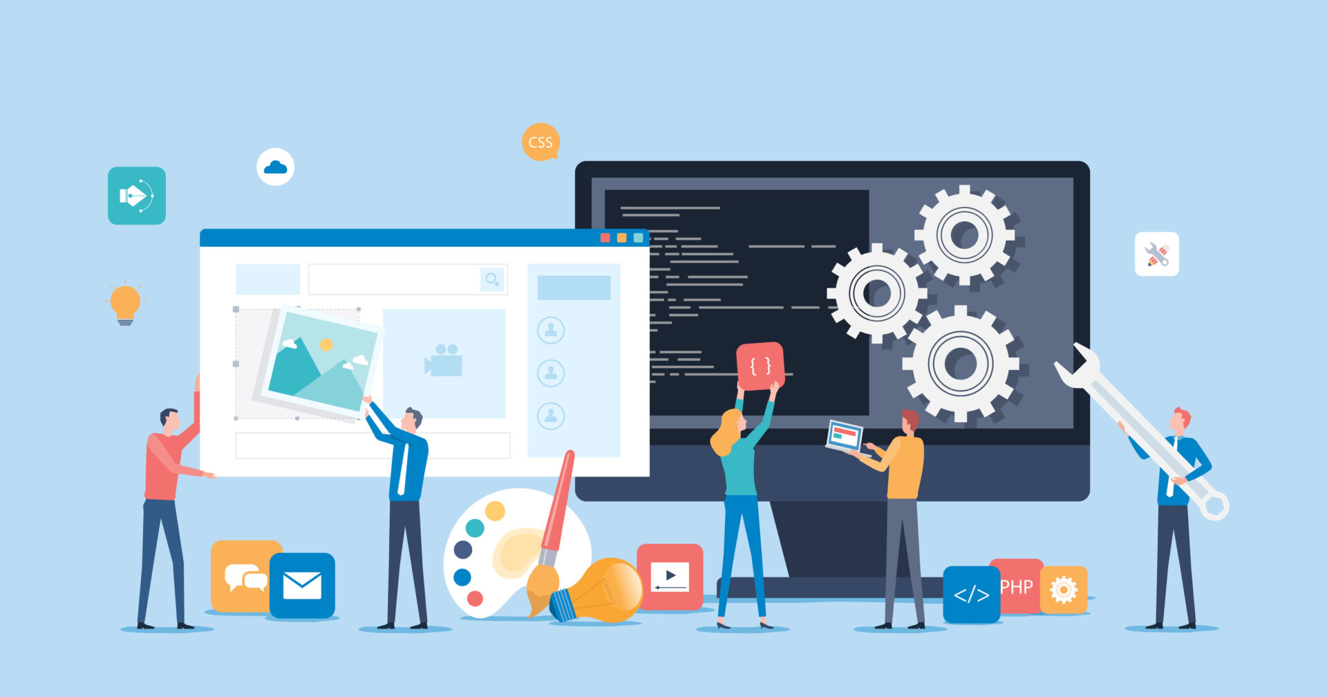 Illustration of people collaborating on website development; some adjust images and layouts, others write code on a large screen with gears, surrounded by icons for tools, design, and programming languages.