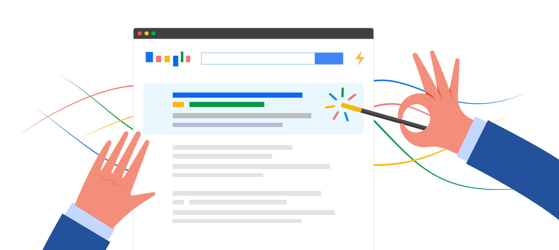 Illustration of hands pointing to a highlighted search result on a web browser, with colorful lines and icons, representing search engine optimization or digital marketing concepts.