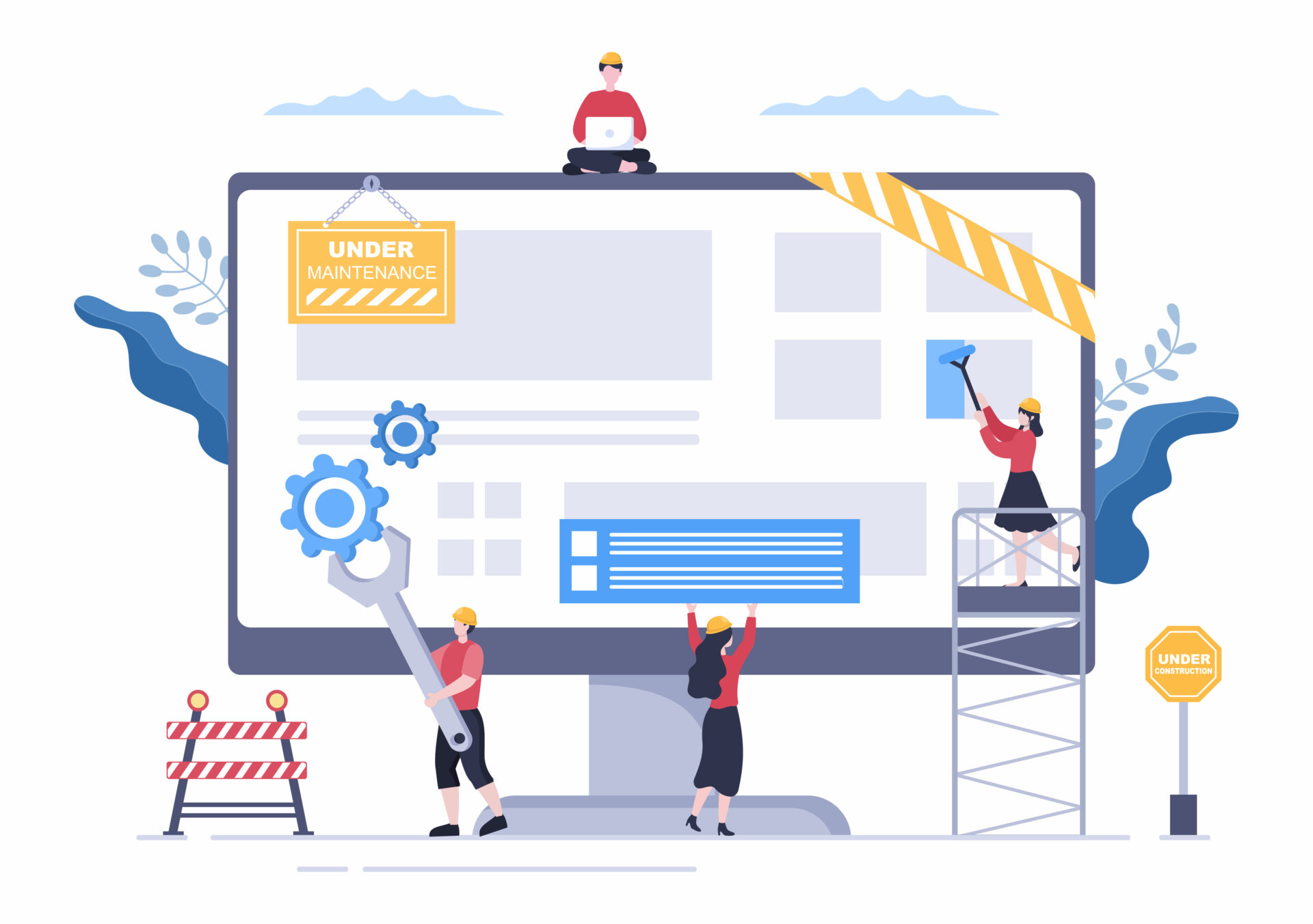Illustration of people working on a large computer screen under maintenance. One person sits on top with a laptop, another cleans the screen, and two adjust gears and components. Construction signs and barriers are present.