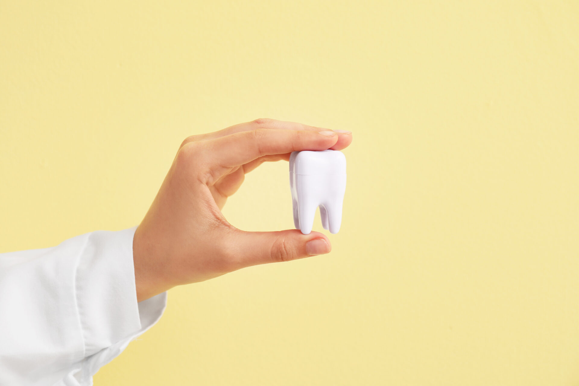 A hand in a white sleeve holds a large white model tooth against a pale yellow background.