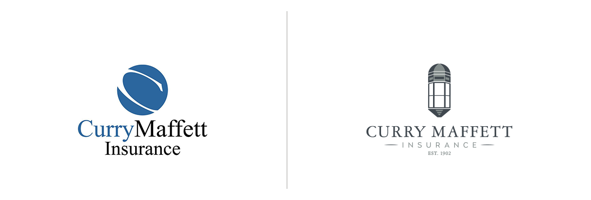 Two Curry Maffett Insurance logos: left with blue abstract symbol above company name; right with gray lighthouse and "EST. 1902" below.
